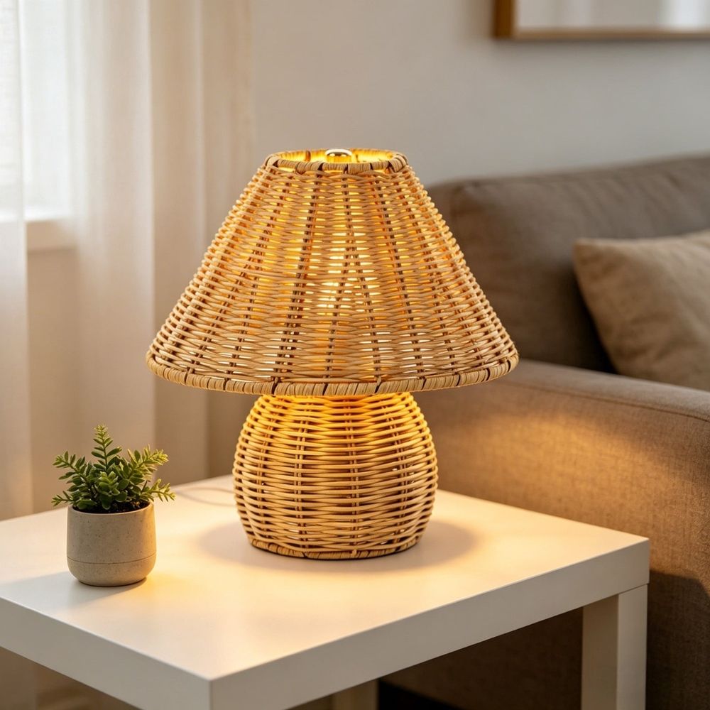 Rattan Mushroom Rechargeable Portable Lamp, 9 inch Woven Cordless LED Light, Decorative Indoor Use Only