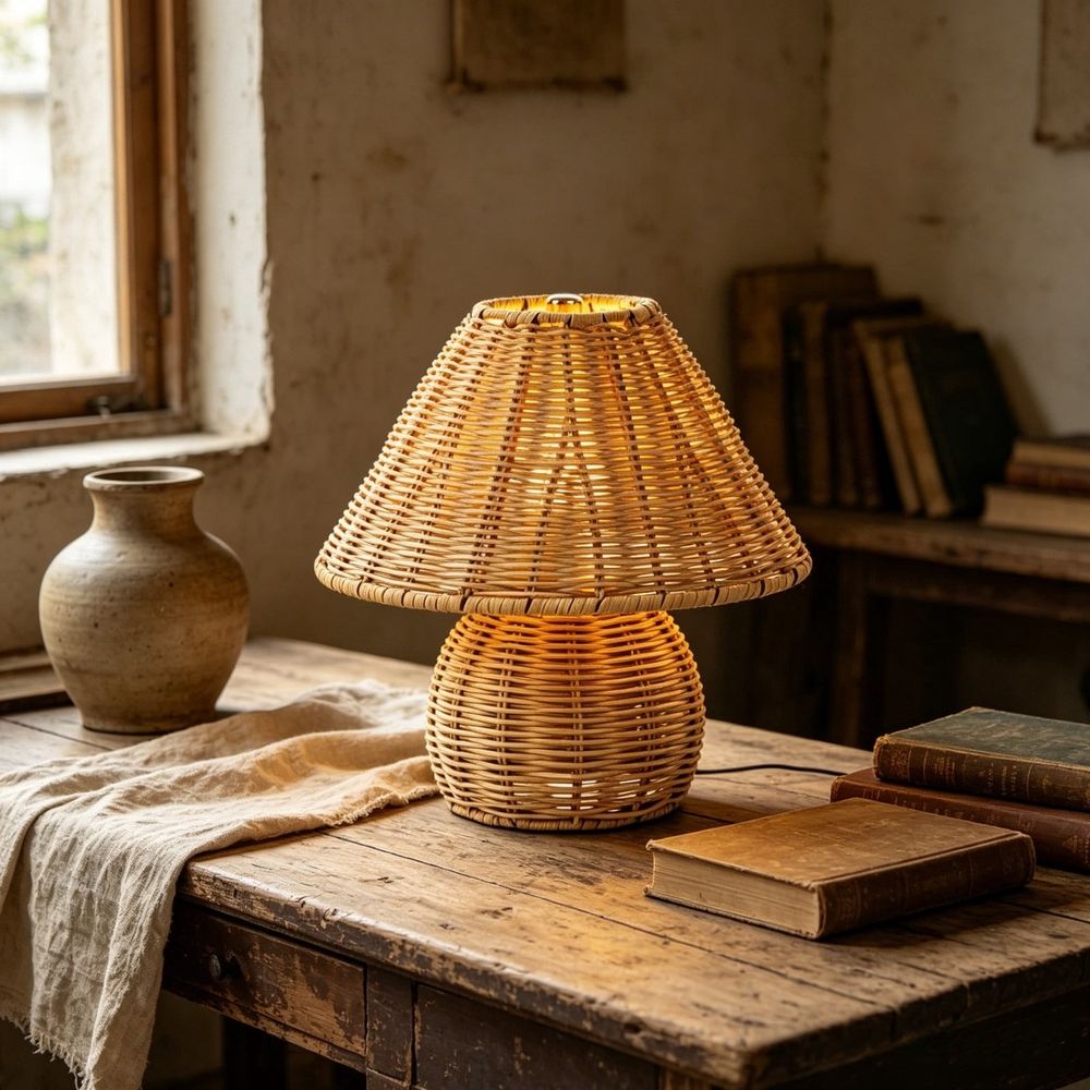 Rattan Mushroom Rechargeable Portable Lamp, 9 inch Woven Cordless LED Light, Decorative Indoor Use Only