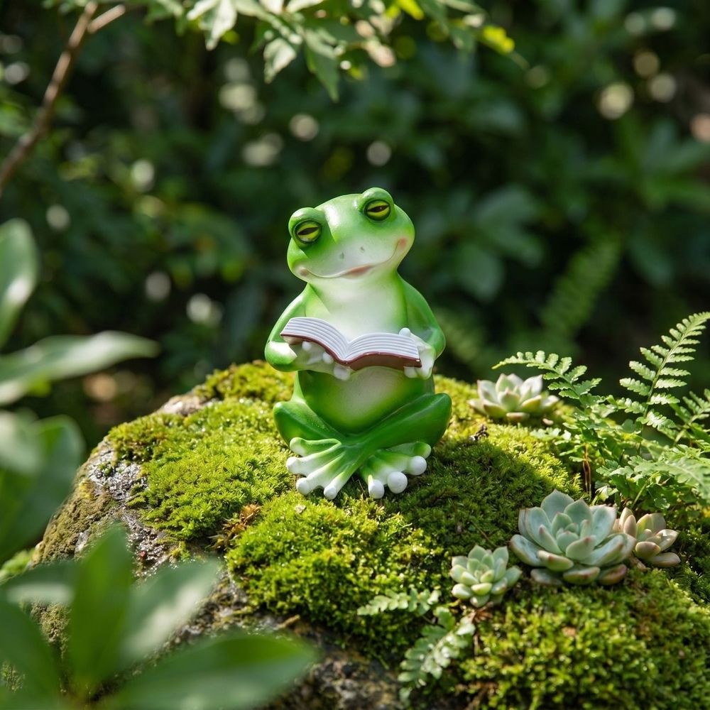 Resin Frog Reading Book Statue, Whimsical Garden Decor Figurine, Cute Green Frog Sculpture for Indoor Outdoor Yard Patio Lawn, Unique Home Decor Gift for Book Lovers