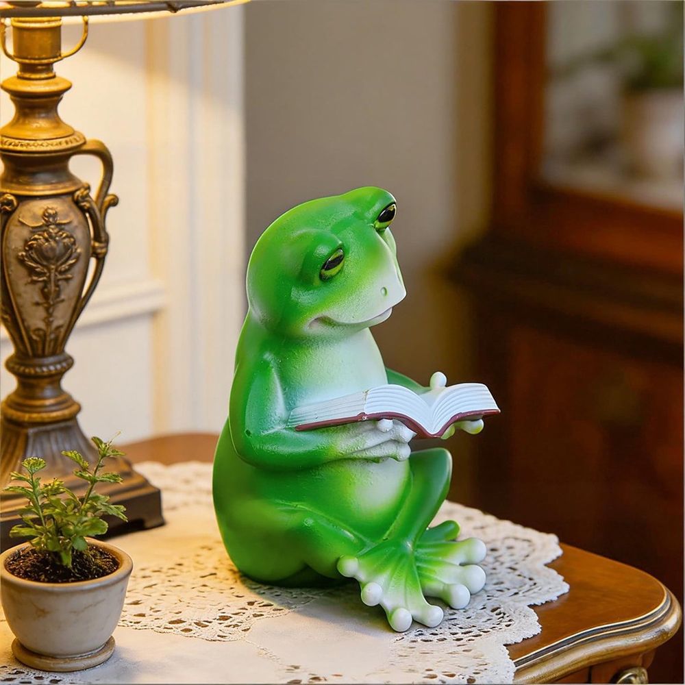 Resin Frog Reading Book Statue, Whimsical Garden Decor Figurine, Cute Green Frog Sculpture for Indoor Outdoor Yard Patio Lawn, Unique Home Decor Gift for Book Lovers