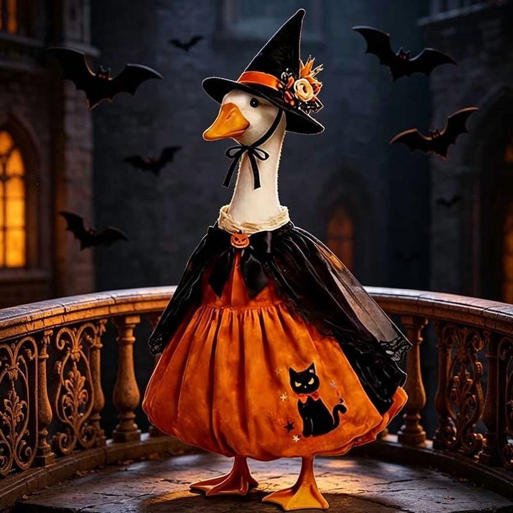 Witch Goose Costume for 23 inch Porch Geese, Pumpkin Wizard Outfit with Hat, Weather Resistant Halloween Decor for Outdoor Yard Patio Lawn Statue
