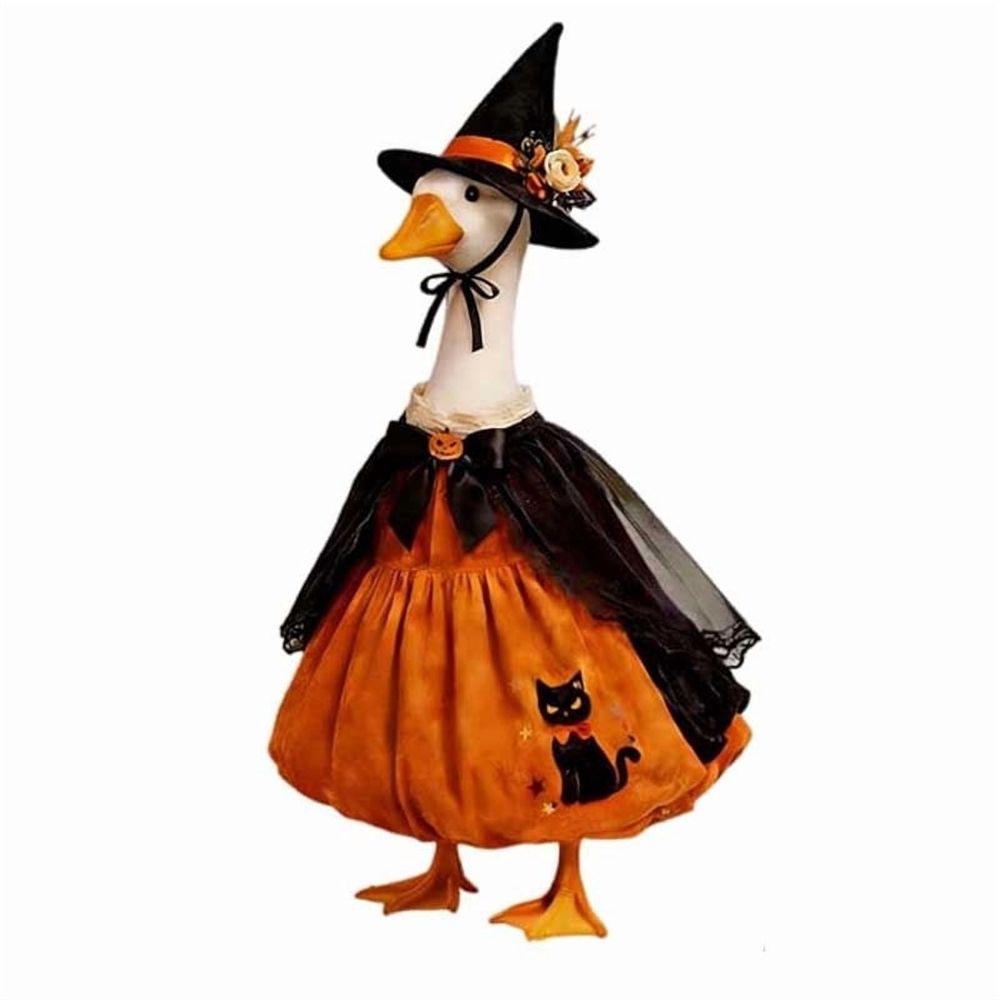 Witch Goose Costume for 23 inch Porch Geese, Pumpkin Wizard Outfit with Hat, Weather Resistant Halloween Decor for Outdoor Yard Patio Lawn Statue