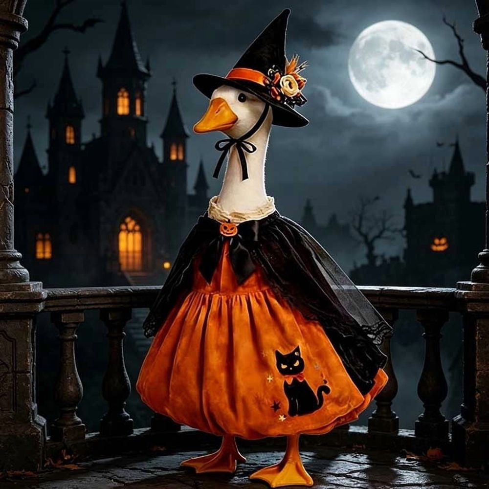 Witch Goose Costume for 23 inch Porch Geese, Pumpkin Wizard Outfit with Hat, Weather Resistant Halloween Decor for Outdoor Yard Patio Lawn Statue