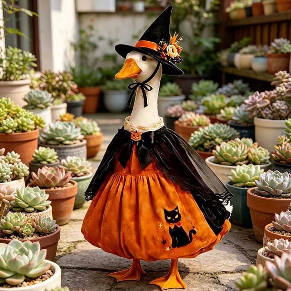 Witch Goose Costume for 23 inch Porch Geese, Pumpkin Wizard Outfit with Hat, Weather Resistant Halloween Decor for Outdoor Yard Patio Lawn Statue