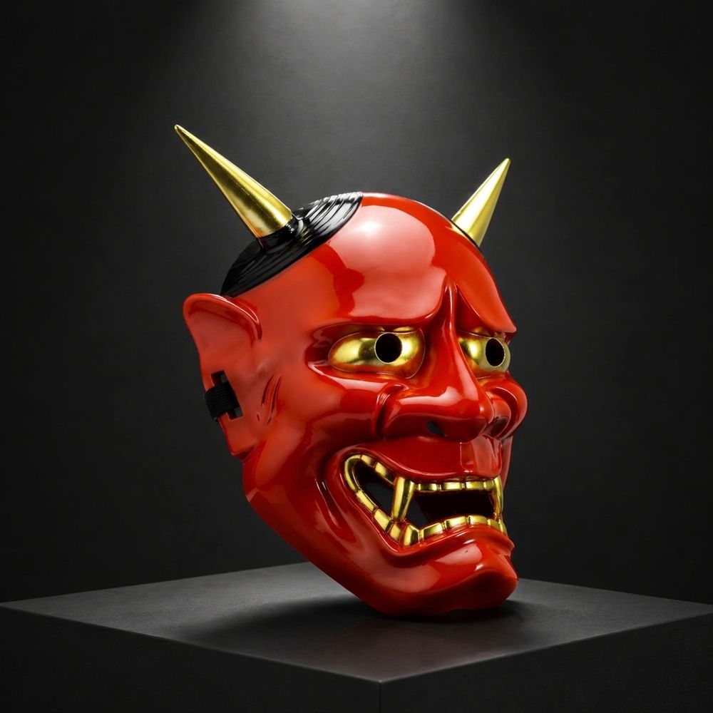 Halloween Red Demon Mask for Adults, Japanese Style Oni Mask with Horns, Scary Full Face Mask Costume Accessory for Halloween Party Masquerade Decor Ghost House