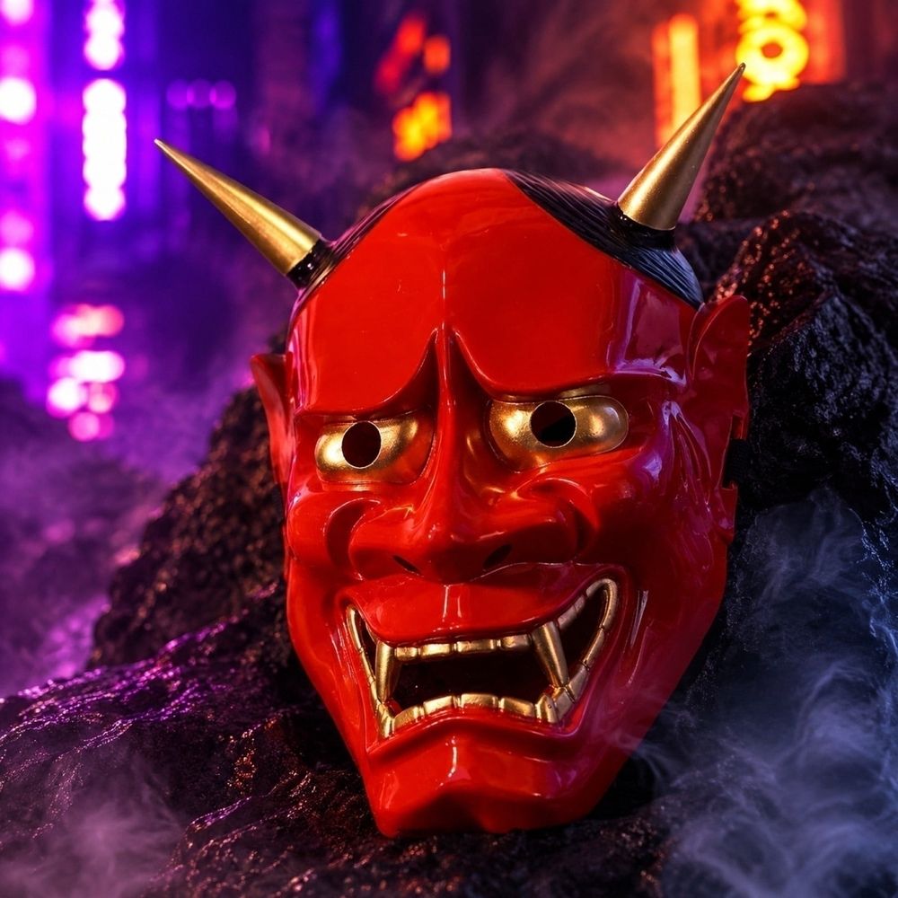 Halloween Red Demon Mask for Adults, Japanese Style Oni Mask with Horns, Scary Full Face Mask Costume Accessory for Halloween Party Masquerade Decor Ghost House