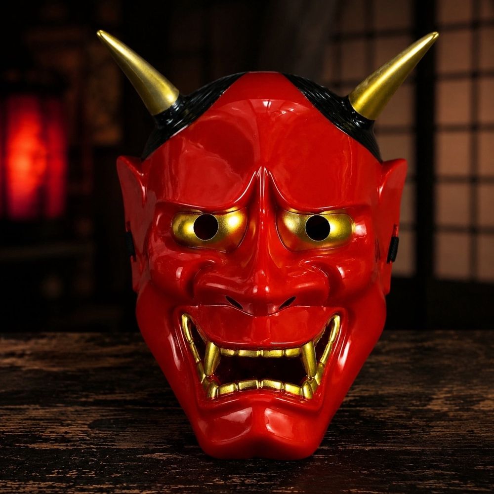 Halloween Red Demon Mask for Adults, Japanese Style Oni Mask with Horns, Scary Full Face Mask Costume Accessory for Halloween Party Masquerade Decor Ghost House