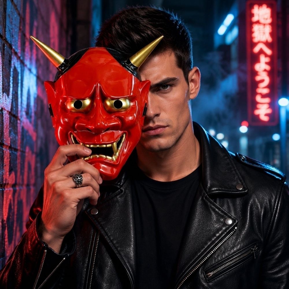 Halloween Red Demon Mask for Adults, Japanese Style Oni Mask with Horns, Scary Full Face Mask Costume Accessory for Halloween Party Masquerade Decor Ghost House