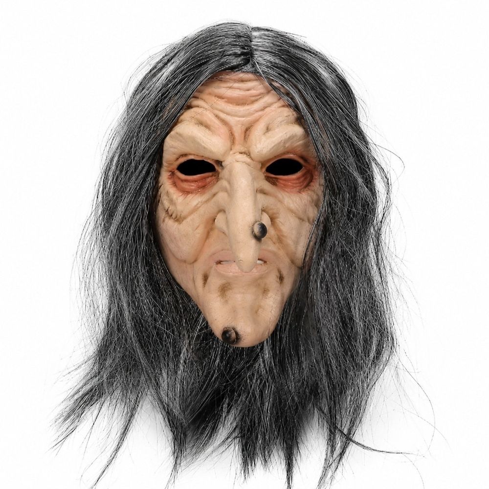 Halloween Witch Mask with Long Hair, Realistic Old Woman Face Cover with Wrinkles and Age Spots, Spooky Horror Role Play Prop for Costume Party