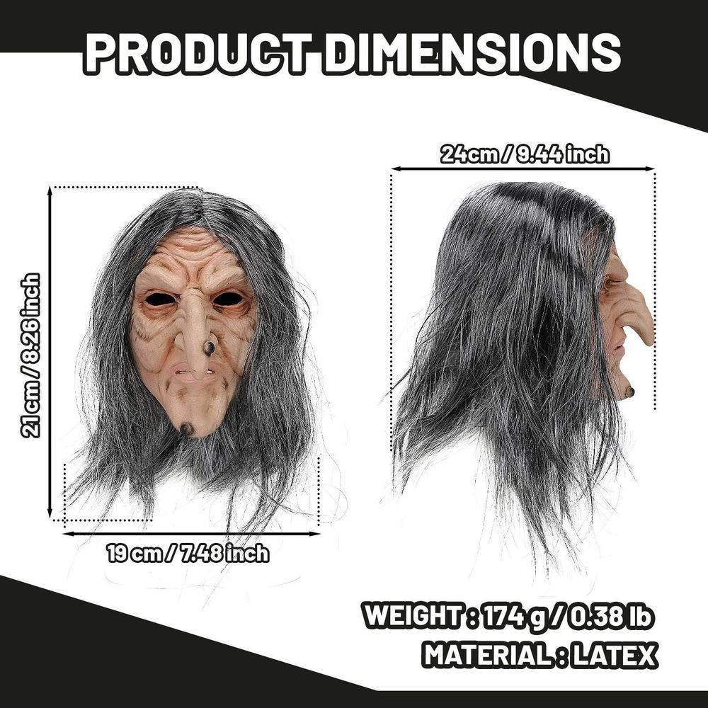 Halloween Witch Mask with Long Hair, Realistic Old Woman Face Cover with Wrinkles and Age Spots, Spooky Horror Role Play Prop for Costume Party