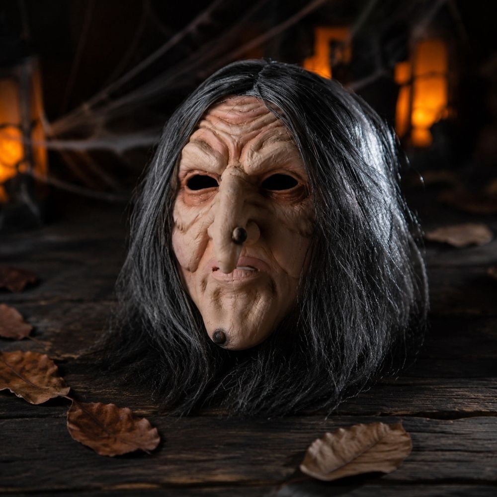 Halloween Witch Mask with Long Hair, Realistic Old Woman Face Cover with Wrinkles and Age Spots, Spooky Horror Role Play Prop for Costume Party