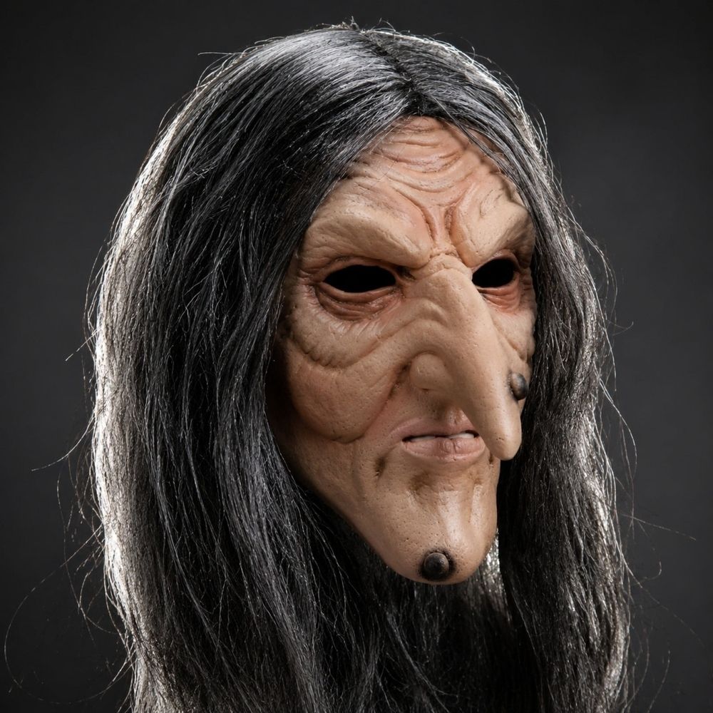 Halloween Witch Mask with Long Hair, Realistic Old Woman Face Cover with Wrinkles and Age Spots, Spooky Horror Role Play Prop for Costume Party