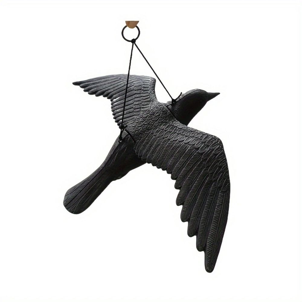 Hanging Realistic Crow Decoy, Matte Black Flying Raven Prop for Outdoor Garden and Halloween Decor, Weatherproof Plastic Bird Deterrent with Rope