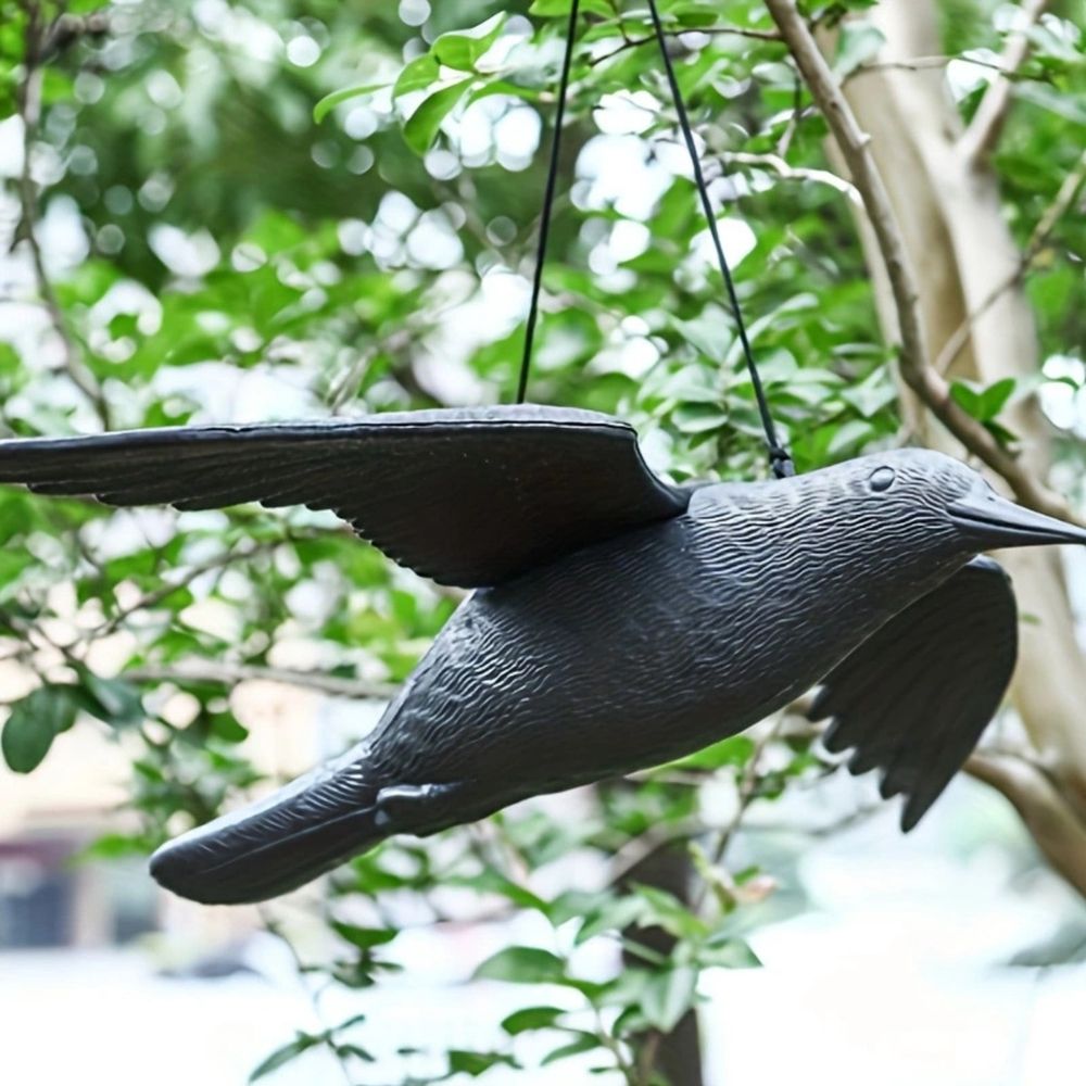 Hanging Realistic Crow Decoy, Matte Black Flying Raven Prop for Outdoor Garden and Halloween Decor, Weatherproof Plastic Bird Deterrent with Rope