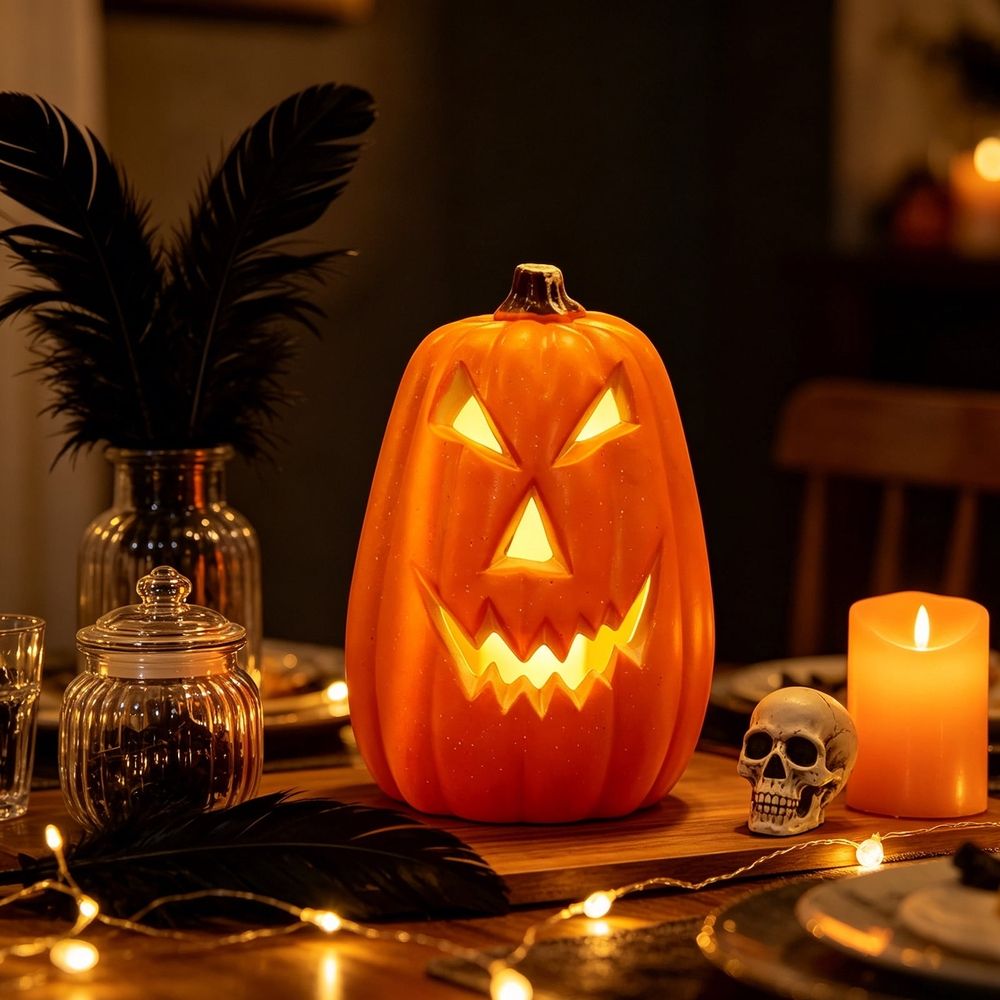 Large Lighted Halloween Pumpkin, Weather-Resistant LED Jack-O'-Lantern Decoration, Glowing Orange Plastic Pumpkin for Outdoor Yard Porch and Fall Harvest Display
