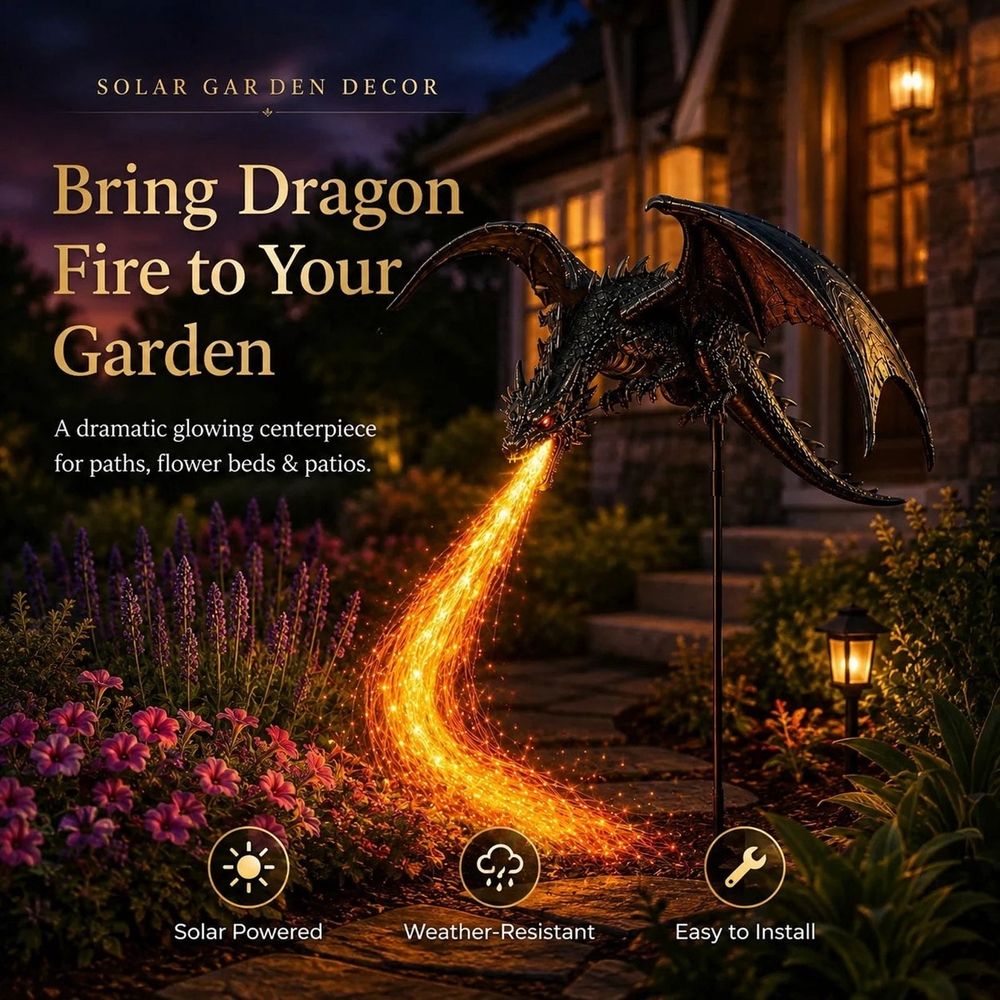 Solar Dragon Garden Light, Fire Breathing Flame Stake Light, Resin Yard Decor for Lawn Patio Pathway, Waterproof Outdoor Statue