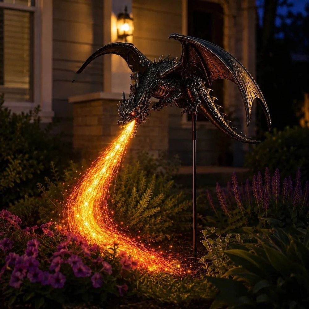 Solar Dragon Garden Light, Fire Breathing Flame Stake Light, Resin Yard Decor for Lawn Patio Pathway, Waterproof Outdoor Statue