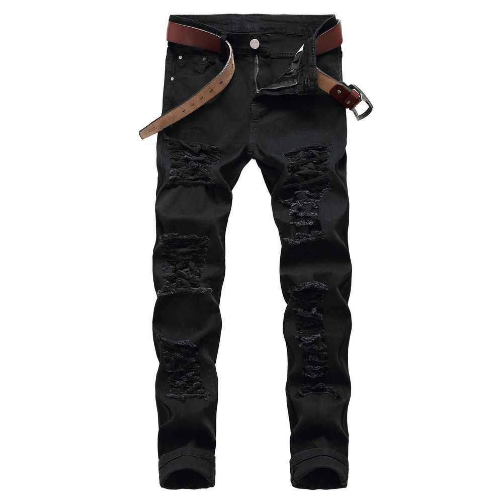 Men's Slim Fit Stretch Jeans Distressed Patchwork Stacked Frayed Straight Leg Skinny Denim Pants