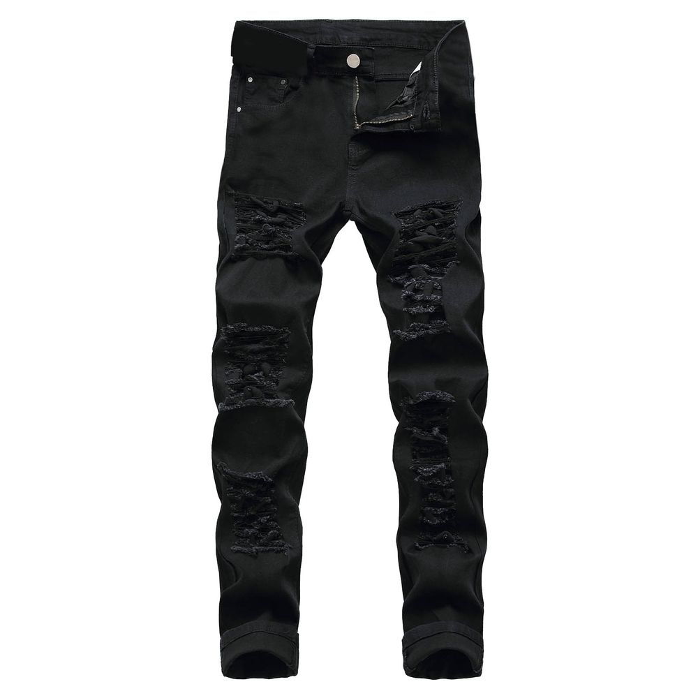 Men's Slim Fit Stretch Jeans Distressed Patchwork Stacked Frayed Straight Leg Skinny Denim Pants