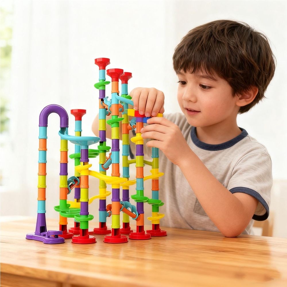 Food Grade ABS Marble Run Building Blocks, Educational DIY Maze Construction Toy Boosting Logical Thinking & Family Interactive Play,Multicolor
