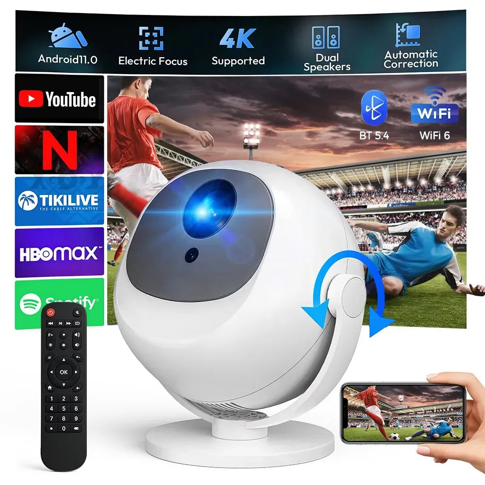 White 5G 4K Smart LED Projector in Black with Bluetooth and WiFi for Home Theater