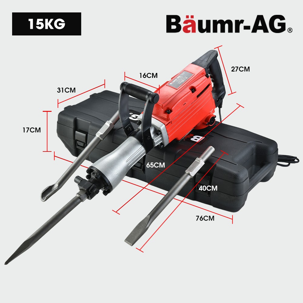 Baumr-AG 2200W Pro-Grade Electric Demolition Jackhammer, with 3 Bonus Chisels, Carry Case