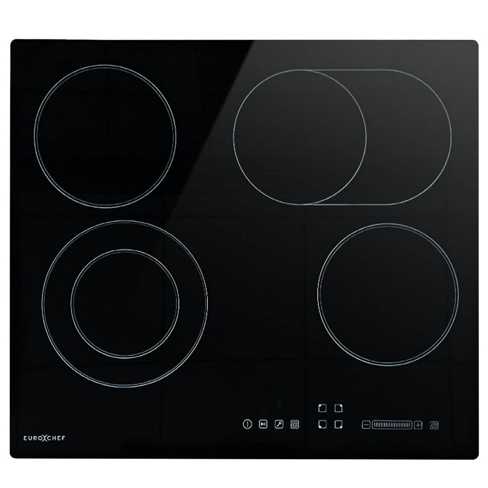 EuroChef 59cm 4 Zone Ceramic Cooktop, 6600W Electric, FlexiZone Adjustable Size Hobs, Touch Controls