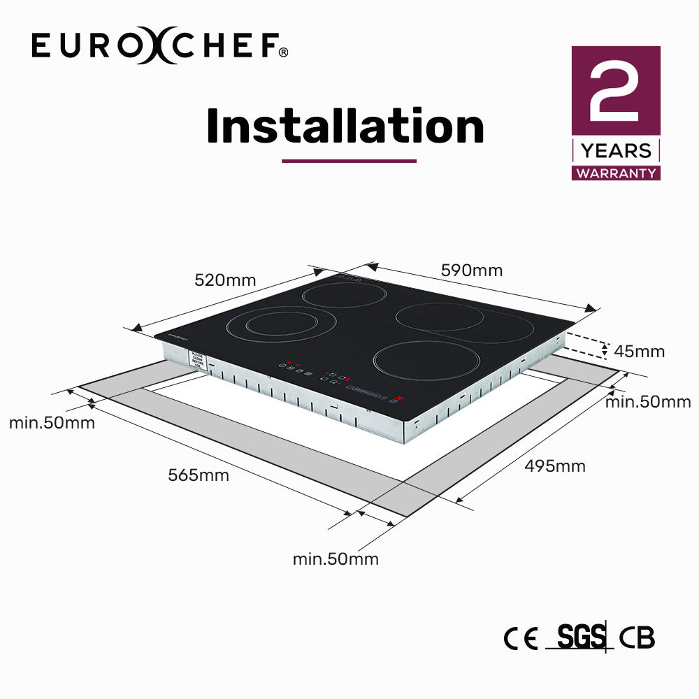 EuroChef 59cm 4 Zone Ceramic Cooktop, 6600W Electric, FlexiZone Adjustable Size Hobs, Touch Controls