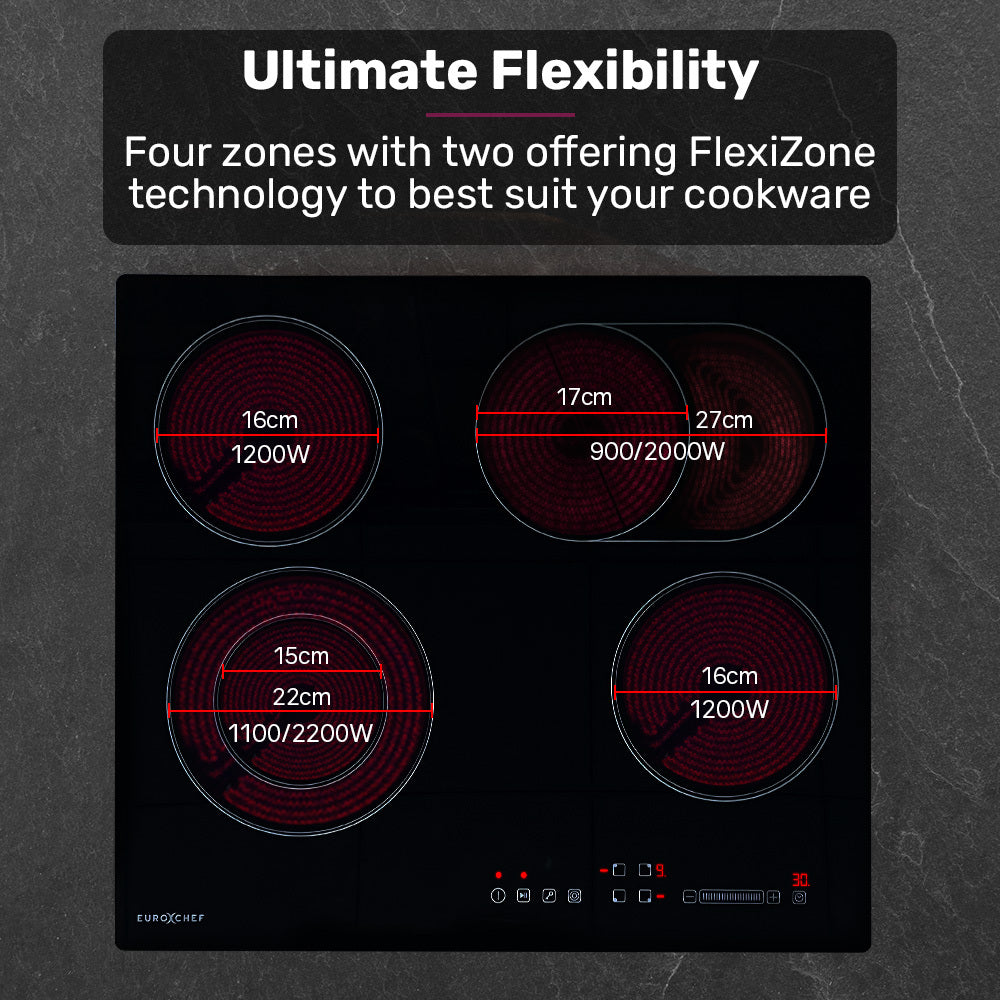 EuroChef 59cm 4 Zone Ceramic Cooktop, 6600W Electric, FlexiZone Adjustable Size Hobs, Touch Controls
