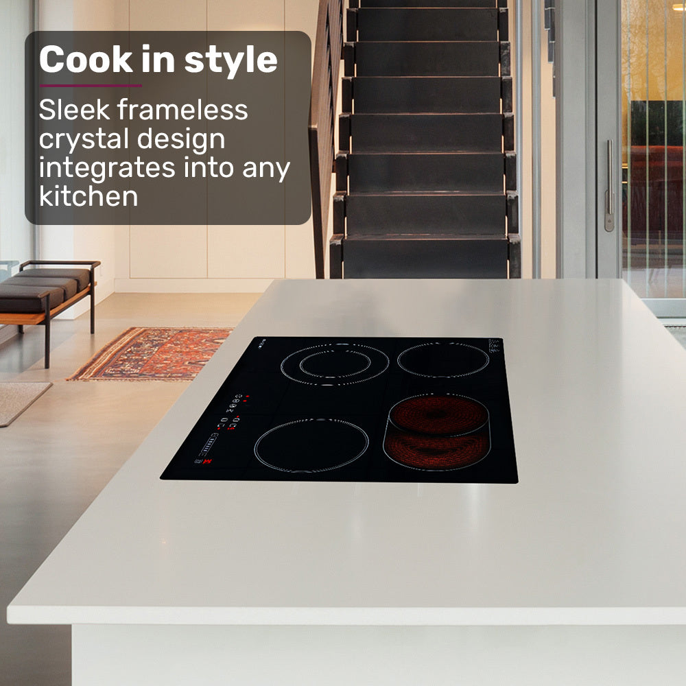 EuroChef 59cm 4 Zone Ceramic Cooktop, 6600W Electric, FlexiZone Adjustable Size Hobs, Touch Controls