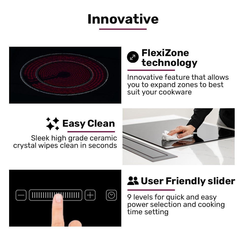 EuroChef 59cm 4 Zone Ceramic Cooktop, 6600W Electric, FlexiZone Adjustable Size Hobs, Touch Controls