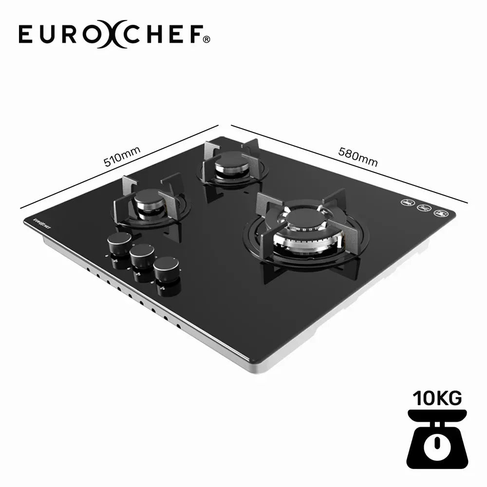 EUROCHEF 60cm 3 Burner Gas Cooktop, with Wok Burner, Tempered Glass, Natural Gas & LPG, Black