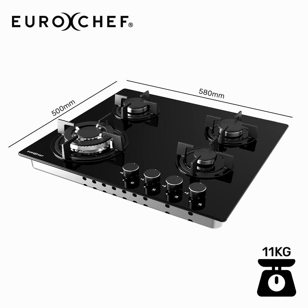 EUROCHEF 60cm 4 Burner Gas Cooktop, with Wok Burner, Tempered Glass, Natural Gas & LPG, Black