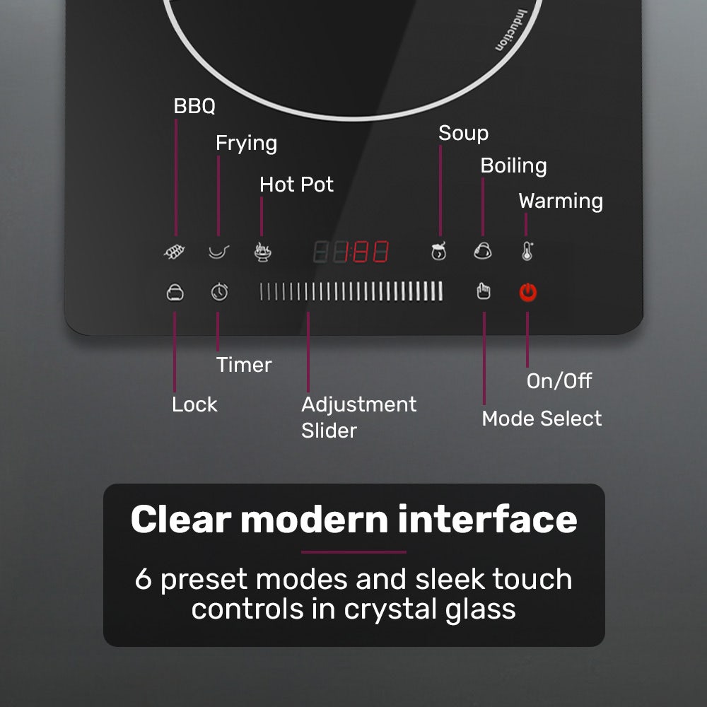 EUROCHEF Induction Benchtop Cooktop, 2000W, 9 Heat Levels, Fast Electric Portable Cooker, Touch Controls with Slider