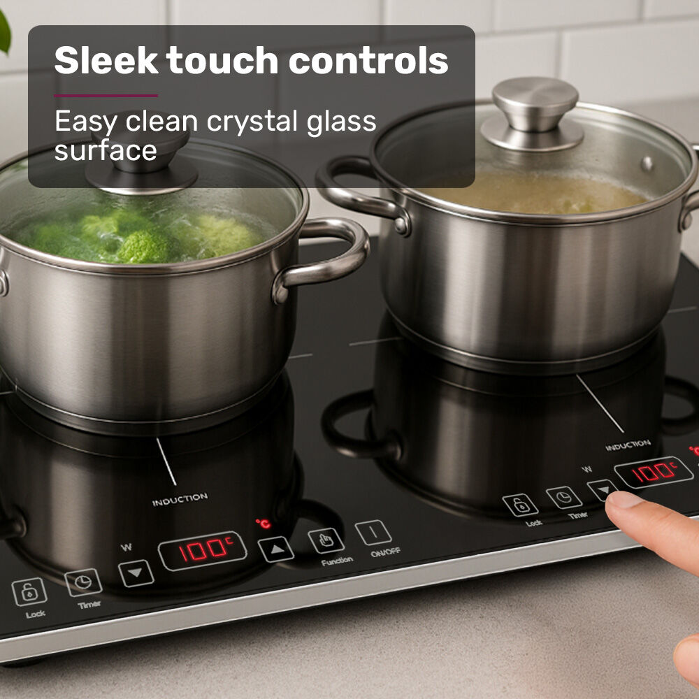 EUROCHEF Double Induction Benchtop Cooktop, 9 Heat Levels, Fast Electric Portable Cooker, Touch Controls, Standard 10A Power Plug