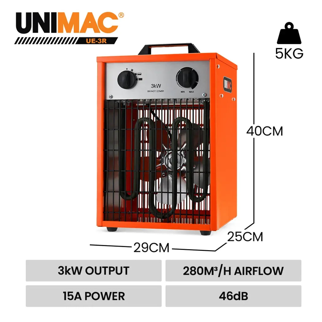 UNIMAC 3kW Industrial Electric Fan Heater, 15A, Adjustable Thermostat, 2 Heat Settings, Fast Heating, Compact Portable Box Design for Workshop and Garage Use