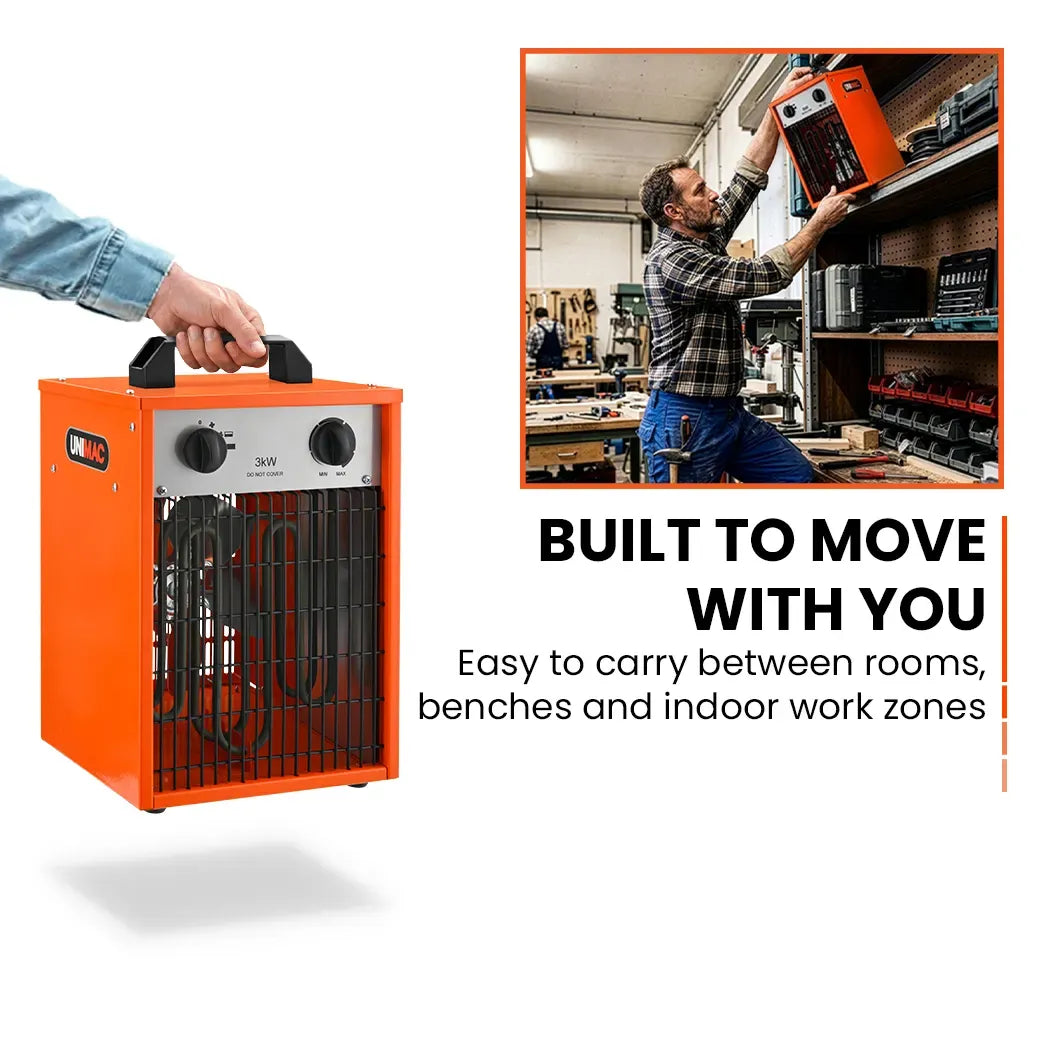 UNIMAC 3kW Industrial Electric Fan Heater, 15A, Adjustable Thermostat, 2 Heat Settings, Fast Heating, Compact Portable Box Design for Workshop and Garage Use