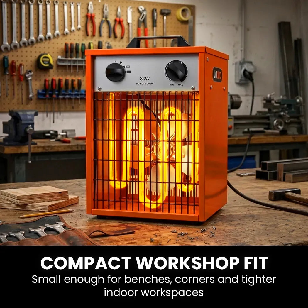 UNIMAC 3kW Industrial Electric Fan Heater, 15A, Adjustable Thermostat, 2 Heat Settings, Fast Heating, Compact Portable Box Design for Workshop and Garage Use