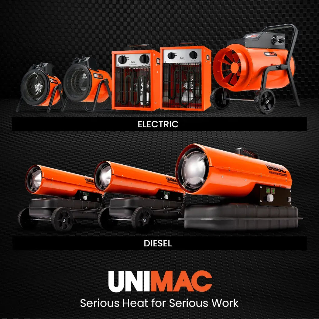 UNIMAC 3kW Industrial Electric Fan Heater, 15A, Adjustable Thermostat, 2 Heat Settings, Fast Heating, Compact Portable Box Design for Workshop and Garage Use