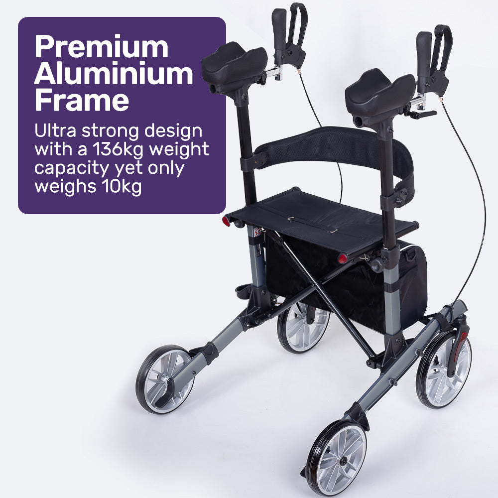 EQUIPMED Upright Rollator Walker with Forearm Rest Supports, Mobilty Aid with Seat, Grey