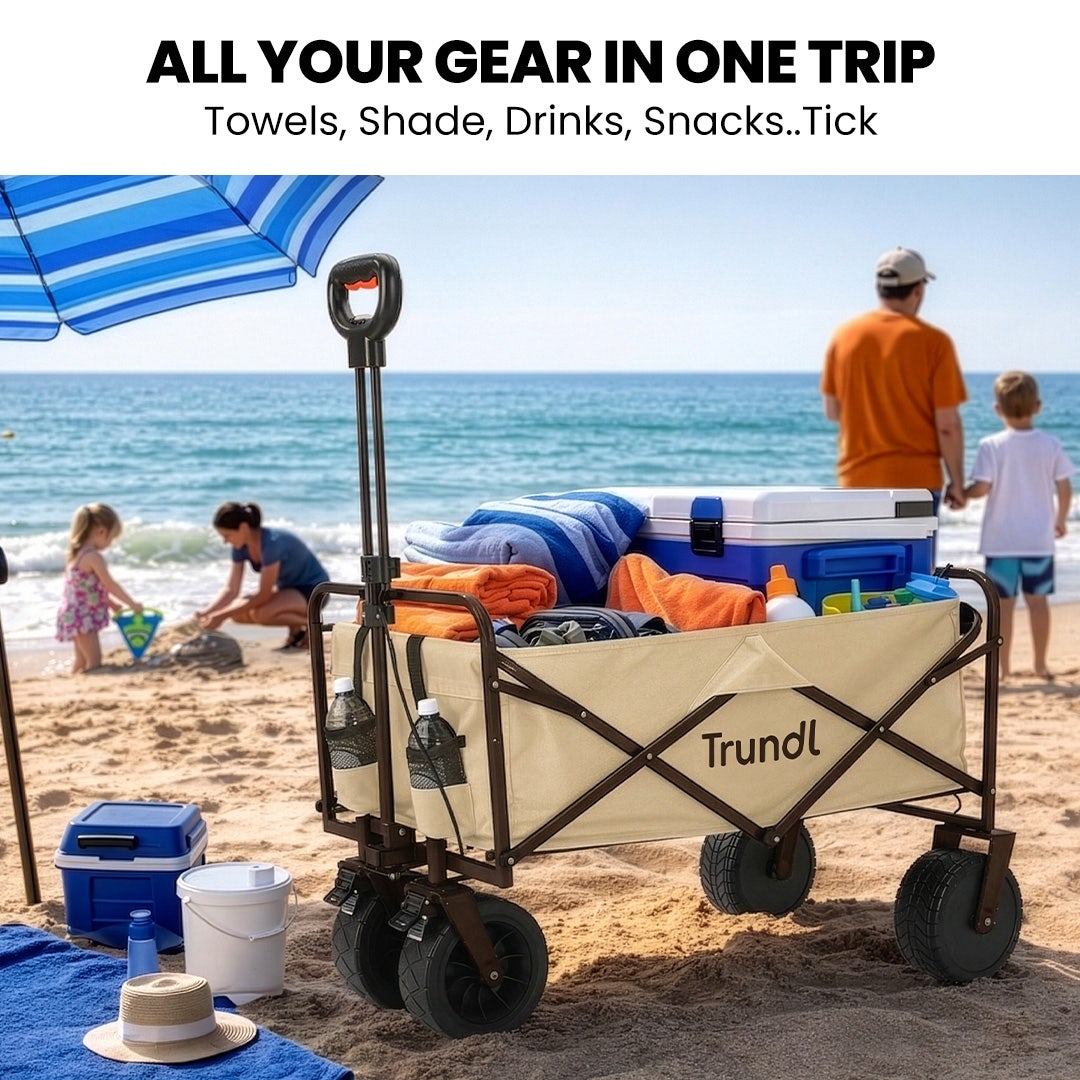 TRUNDL 106L Electric Folding Pull Cart, Powerful Easy Hill Climbing, All-terrain Wheels, Wagon for Beach Camping Shopping, Cream