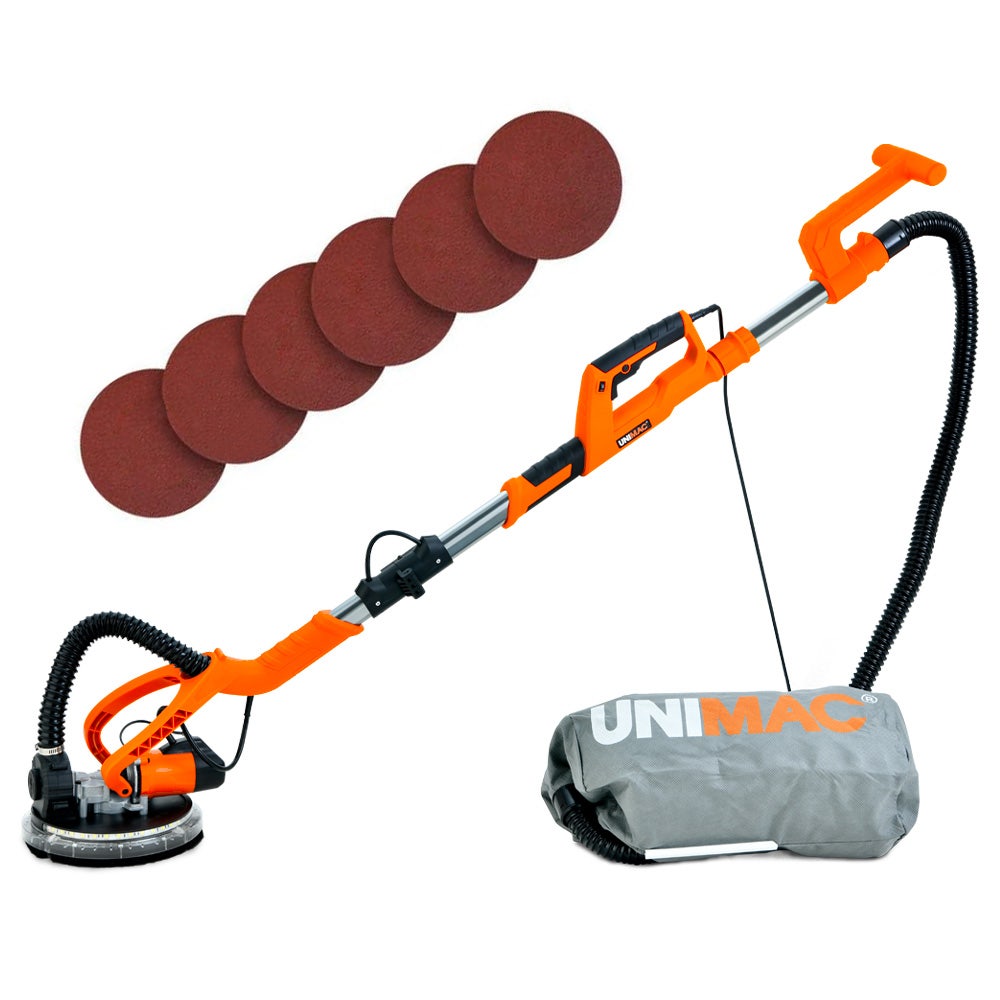 Unimac 225mm 750W Telescopic Long Reach Dry Wall Sander Kit, Foldable, Vacuum System, LED Worklight, 6x Sanding Discs