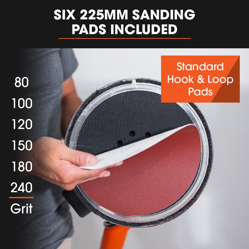 Unimac 225mm 750W Telescopic Long Reach Dry Wall Sander Kit, Foldable, Vacuum System, LED Worklight, 6x Sanding Discs