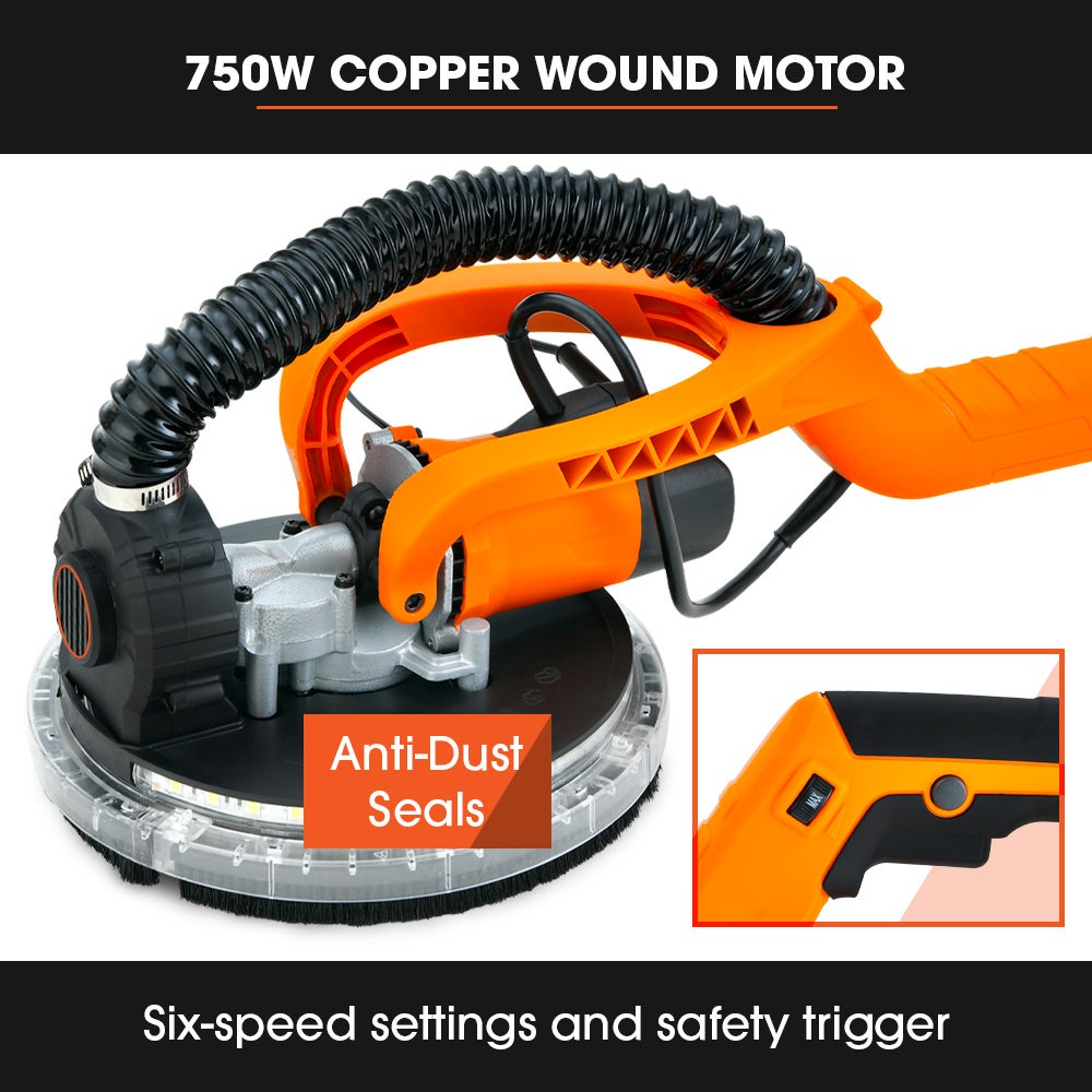 Unimac 225mm 750W Telescopic Long Reach Dry Wall Sander Kit, Foldable, Vacuum System, LED Worklight, 6x Sanding Discs