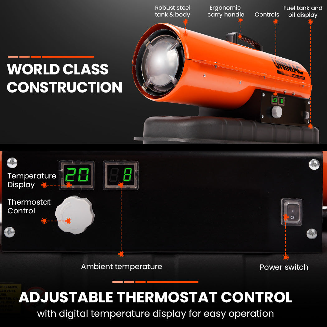 UNIMAC 20KW Portable Industrial Diesel Direct Forced Air Space Heater, Commercial Grade for Warehouse Worksite Shed Drying Greenhouse Agricultural Breeding