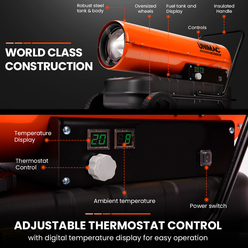 UNIMAC 30KW Portable Industrial Diesel Direct Forced Air Space Heater, Commercial Grade for Warehouse Worksite Shed Drying Greenhouse Agricultural Breeding