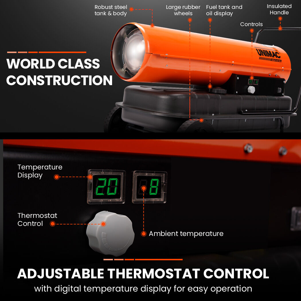 UNIMAC 50KW Portable Industrial Diesel Direct Forced Air Space Heater, Commercial Grade for Warehouse Worksite Shed Drying Greenhouse Agricultural Breeding