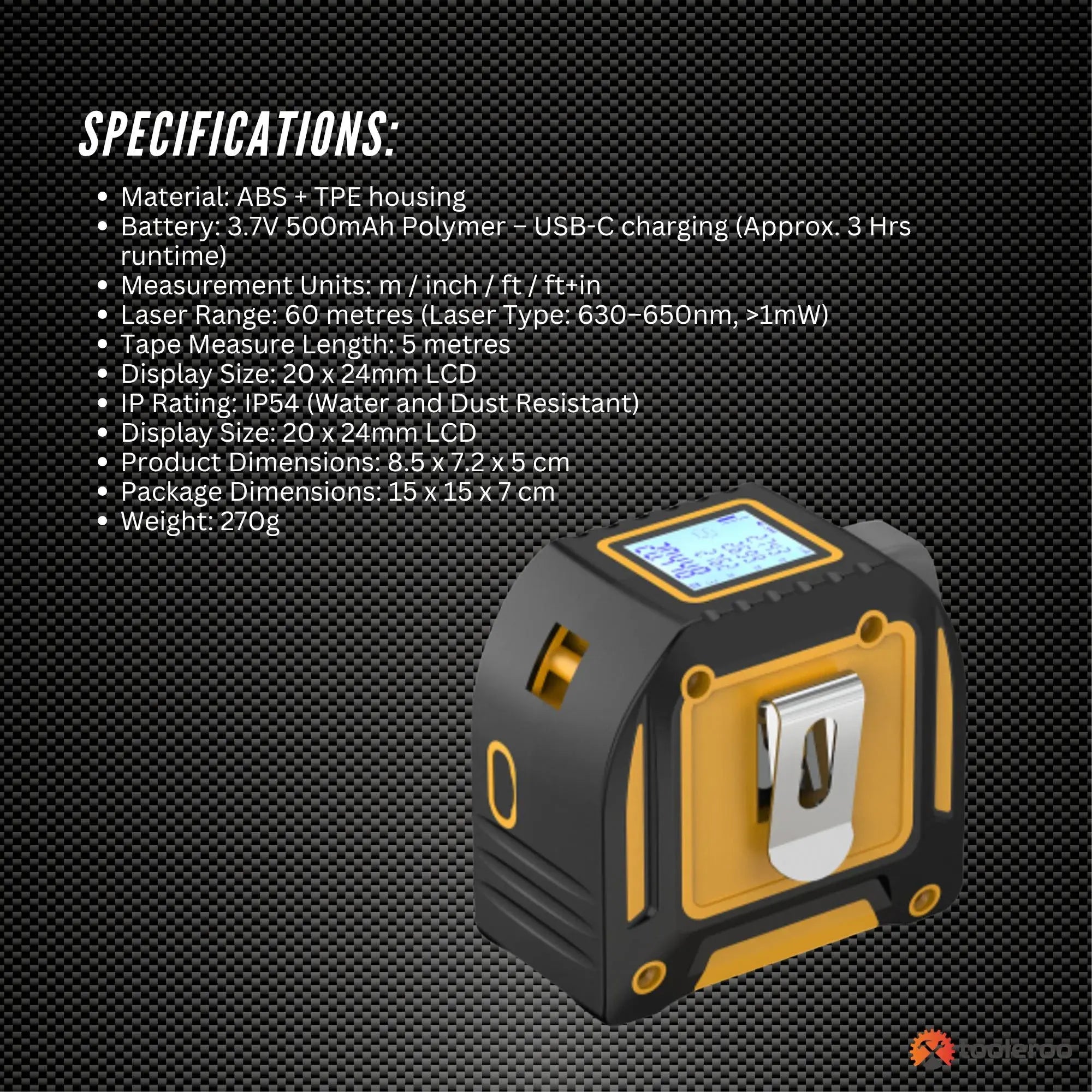 Tooleroo 60m Digital Laser Tape Measure + 5m Steel Tape – 3-in-1 Cross Marking