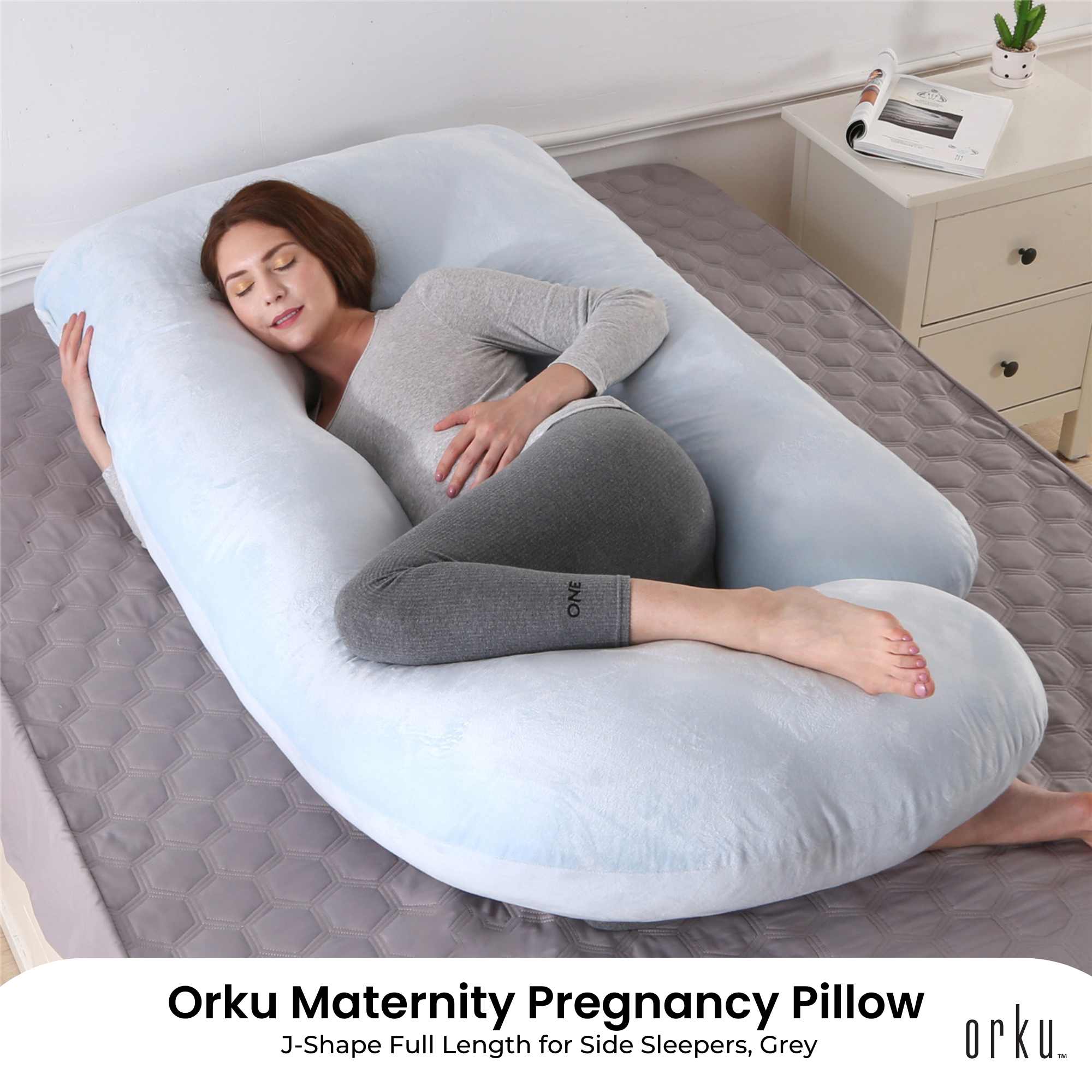 Orku Maternity Pregnancy Pillow - J-Shape Full Length for Side Sleepers Grey