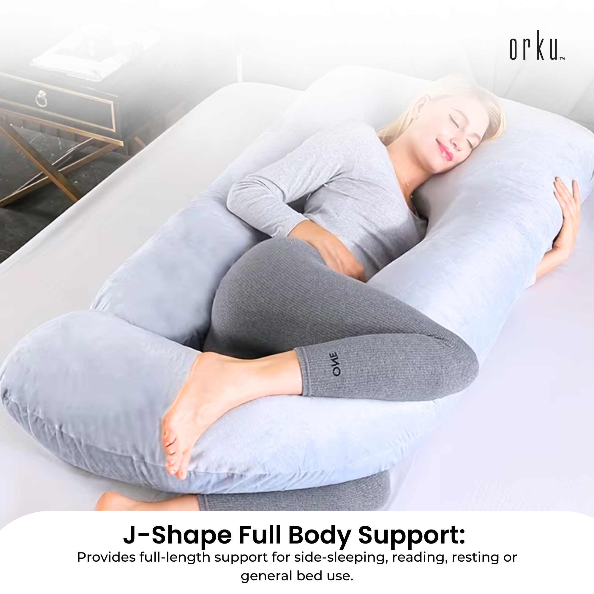 Orku Maternity Pregnancy Pillow - J-Shape Full Length for Side Sleepers Grey